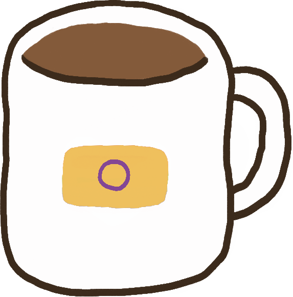 A mug with a brown liquid inside it. It is white with an intersex pride flag on it.